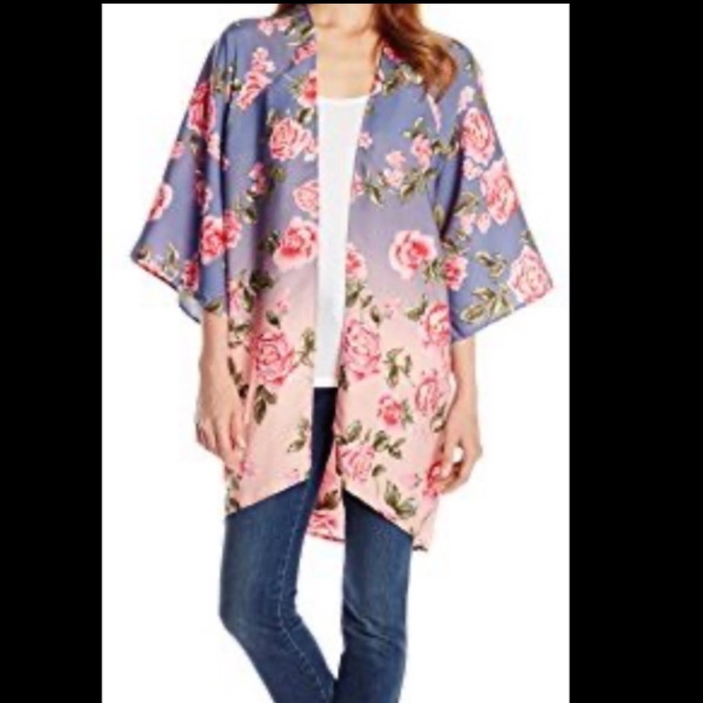 NWT Billabong Dreamer Floral Ombre Kimono Kaftan Swimsuit Cover Up Pink Blue M/L